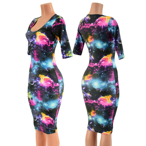 UV Glow Galaxy Half Sleeve Wiggle Dress - Coquetry Clothing