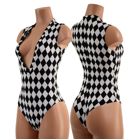 Black and White Diamond Plunging V Neck Romper with Brazilian Cut Leg - Coquetry Clothing