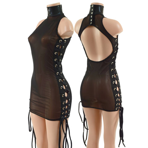 Black Mesh Backless Dress with Snap Back Collar and Laceup Sides Coquetry Clothing 