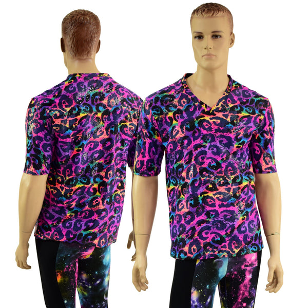 Mens Rainbow Leopard V Neck Shirt with Tee Sleeves - 1