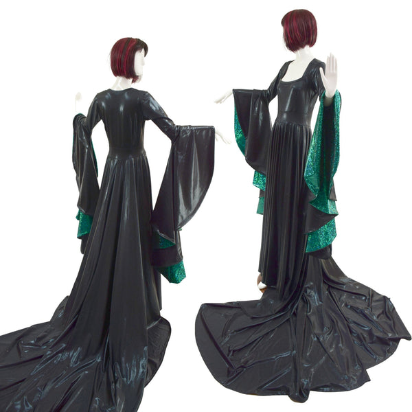 Black Mystique Puddle Train Gown with Sorceress Sleeves lined in Green Kaleidoscope - 3