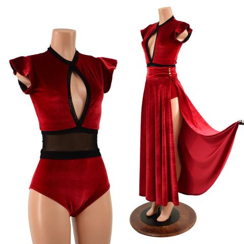 Ready to Ship Red Velvet Romper & Break Away Skirt Set Small - Coquetry Clothing