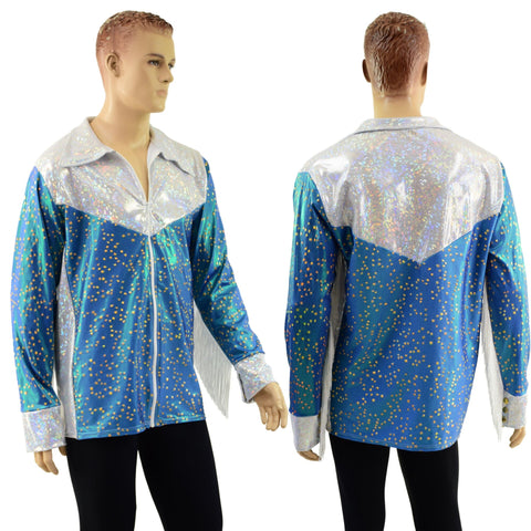 Stardust and White Kaleidoscope Mens Rodeo Shirt with Fringe Coquetry Clothing 