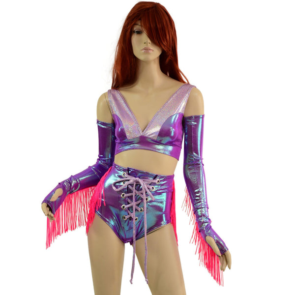 4PC Laceup Fringe Shorts, Fingerless Gloves, and Bralette Set - 1