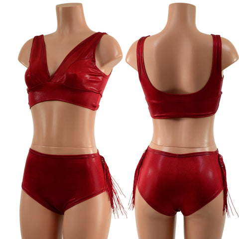 Coagulant Red Starlette Bralette and Fringed MIDrise Siren Shorts Set Coquetry Clothing 