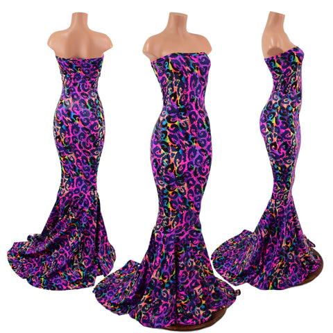 Rainbow Leopard Strapless Gown with Puddle Train - Coquetry Clothing