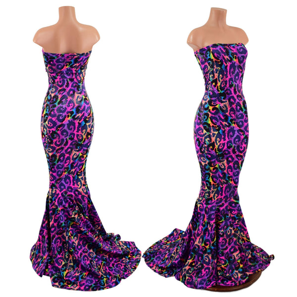 Rainbow Leopard Strapless Gown with Puddle Train - 2