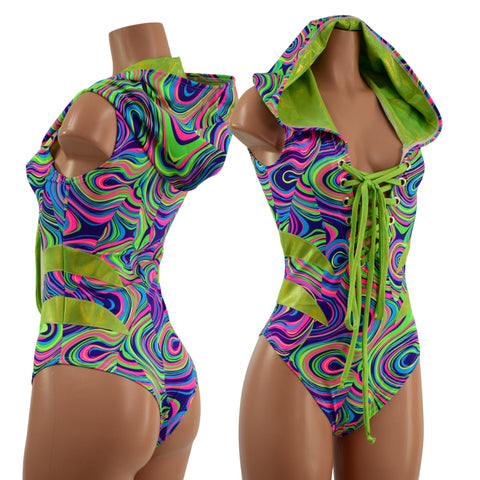 Laceup Romper with Plunging V neckline, Hood, and Hip Arcs - Coquetry Clothing