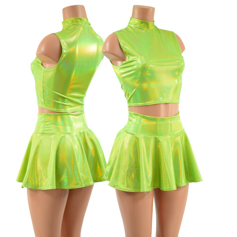 Neon Lime Holographic Crop Top & Circle Cut Skirt Set - Coquetry Clothing