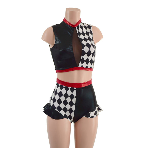 2PC Inset Keyhole Top and Siren Shorts with Ruffled Hips - 1