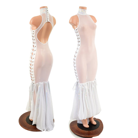White Mesh Backless Puddle Train Gown with Snap Back Collar and Laceup Sides - Coquetry Clothing