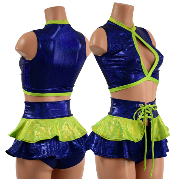 3PC Keyhole Crop, Double Ruffle Mini Skirt, and Siren Shorts Set - 1