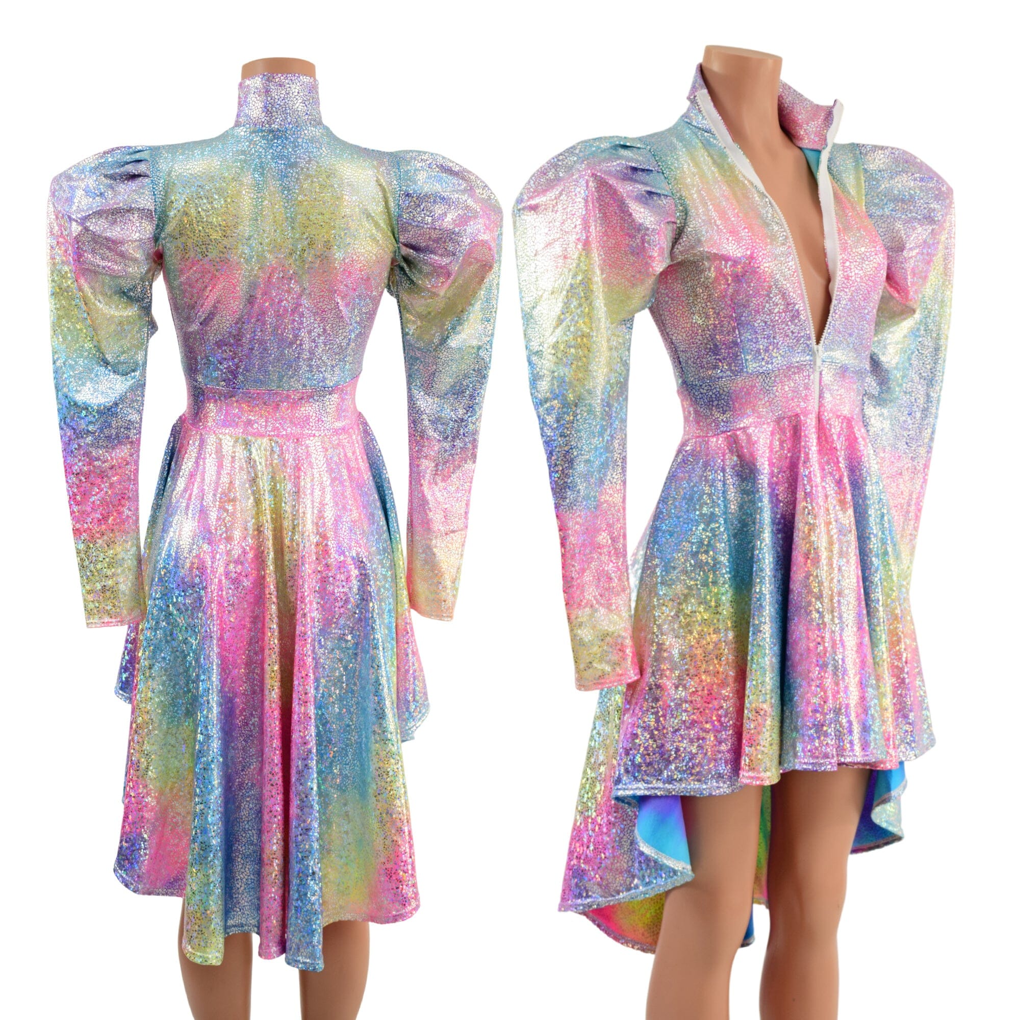 Rainbow Shattered Glass Hi Lo Dress with Full Separating Front Zipper