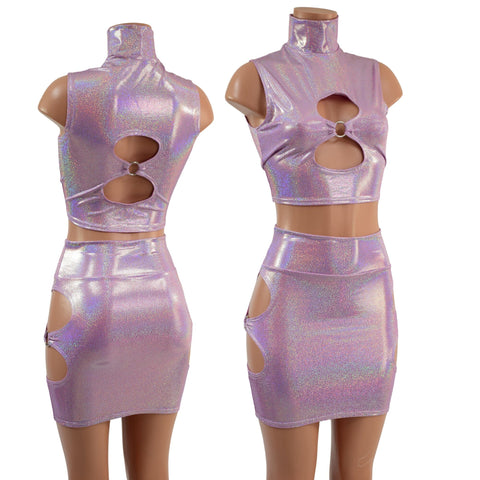 Lilac Holographic O-ring Cutouts Crop Top and Skirt Set - Coquetry Clothing