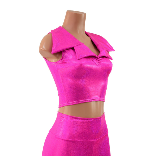 Neon Pink Bell Bottom Flares and Sleeveless Crop Top with Showtime Collar - 2