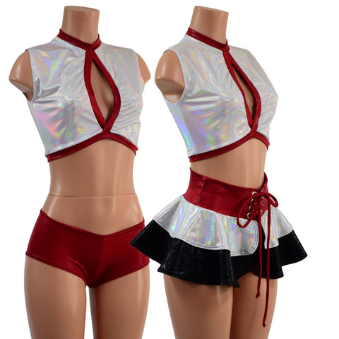 3PC Keyhole Crop, Double Ruffle Mini Skirt, and Cheeky Booty Shorts Set - Coquetry Clothing