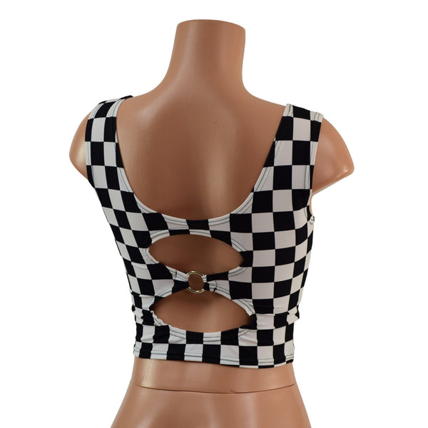 Cutout O-Ring Crop Tank in Black and White Checkered - 2