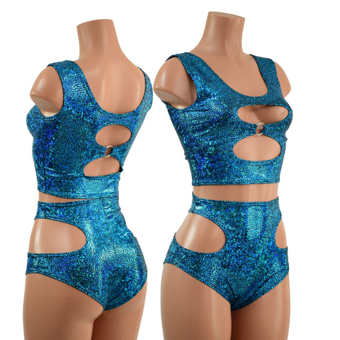 Turquoise Shattered Glass O-Ring Tank Top and Hipnotic High Waist Siren Shorts Set - Coquetry Clothing