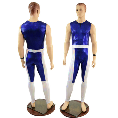 Mens KAPOW Superhero Catsuit in Blue Sparkly Jewel and Flashbulb - Coquetry Clothing