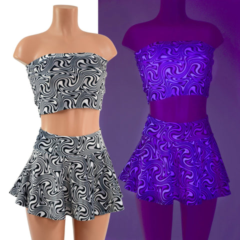 UV Glow Distortion Velvet Mini Rave Skirt and Strapless Top Set - Coquetry Clothing