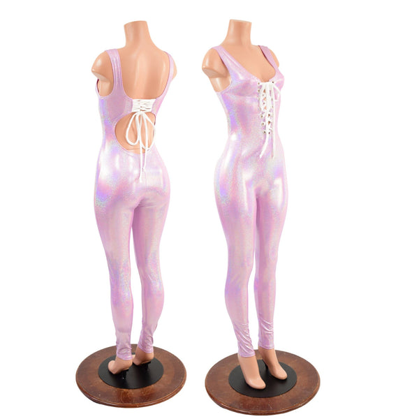 Lilac Tank Style Catsuit with Strappy Back and Laceup Front - 1