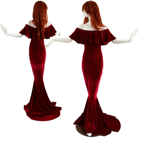 Red Velvet Off Shoulder Puddle Train Gown - Coquetry Clothing