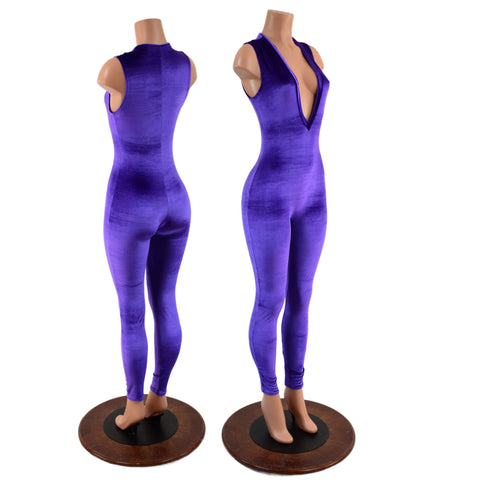 Purple Velvet Plunging V Neck Catsuit - Coquetry Clothing