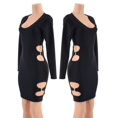 Black Zen Long Sleeve Dress with O-Ring Cutouts - Coquetry Clothing
