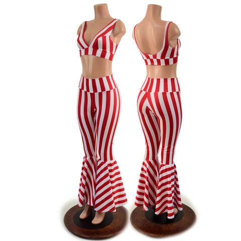 Red and White Striped High Waist Bell Bottom Flares and Starlette Bralette Set - Coquetry Clothing