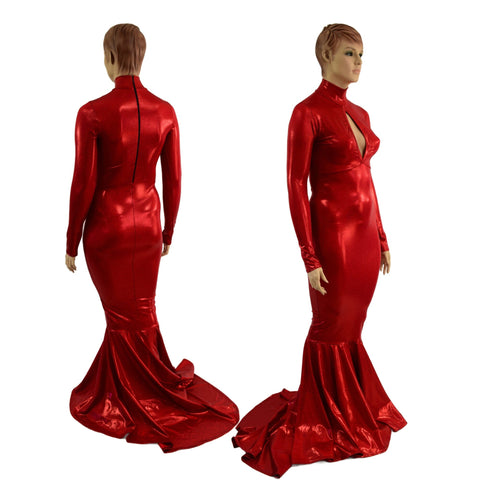 Red Sparkly Jewel Long Sleeve Puddle Train Gown with Keyhole - Coquetry Clothing