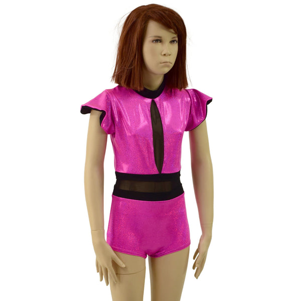 Girls Neon Pink Romper with Inset Keyhole and Mesh Waistband - 2