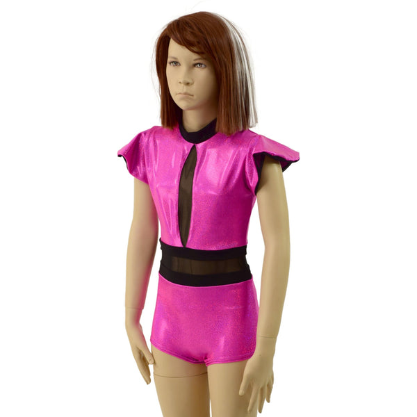 Girls Neon Pink Romper with Inset Keyhole and Mesh Waistband - 4