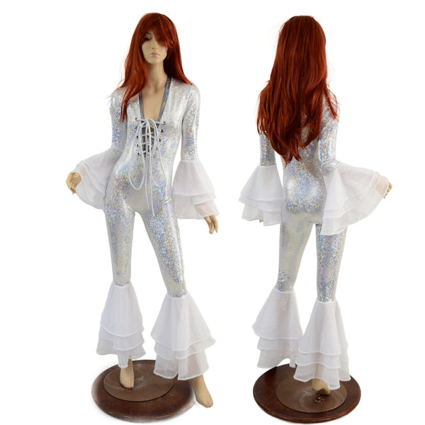 Triple Tier Bell Bottom Catsuit with Tiered Trumpet Sleeves - 1