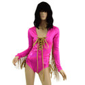 Lace Up Fringe Romper in Neon Pink and Gold - 1