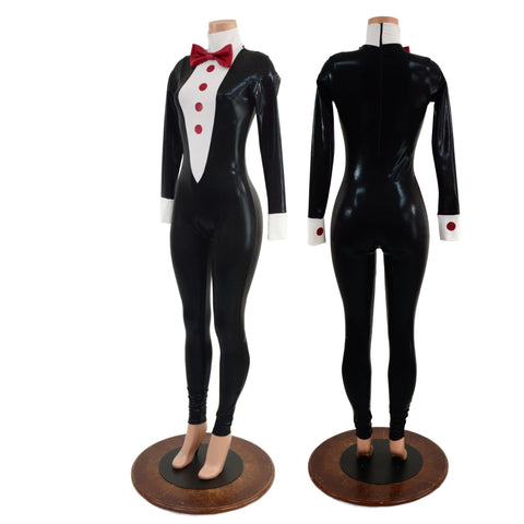 Mens or Womens Faux Tuxedo Catsuit with Red Buttons and Bow Tie - Coquetry Clothing