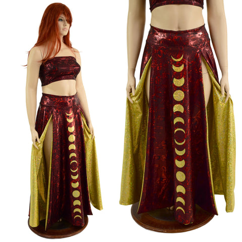 Primeval Red Double Split Skirt with Moon Phases and Gold Kaleidoscope Lining - Coquetry Clothing