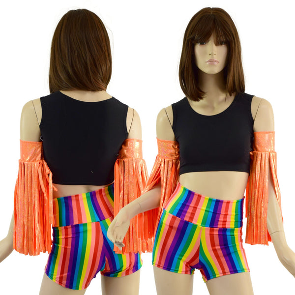 Neon Orange Sparkly Jewel Fringed Wrestling Arm Bands with Slide Ties - 1