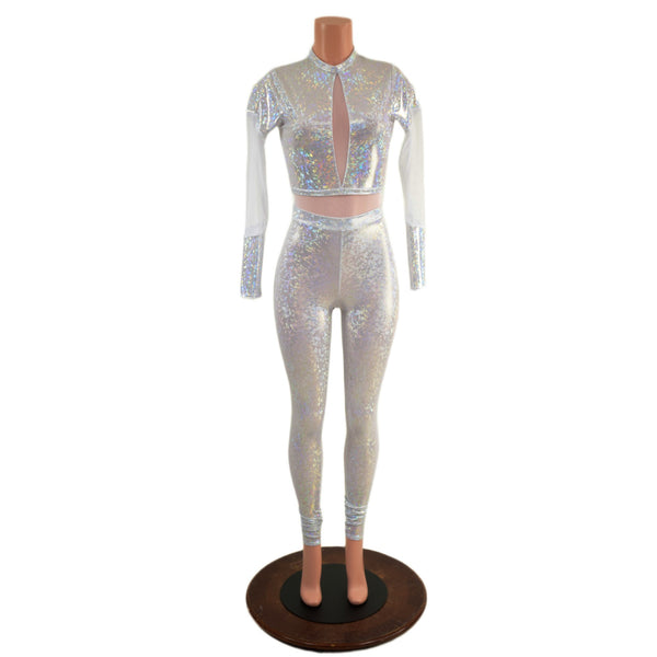 White Kaleidoscope Catsuit with White Mesh Waistband, Keyhole, and Sleeve Details - 6