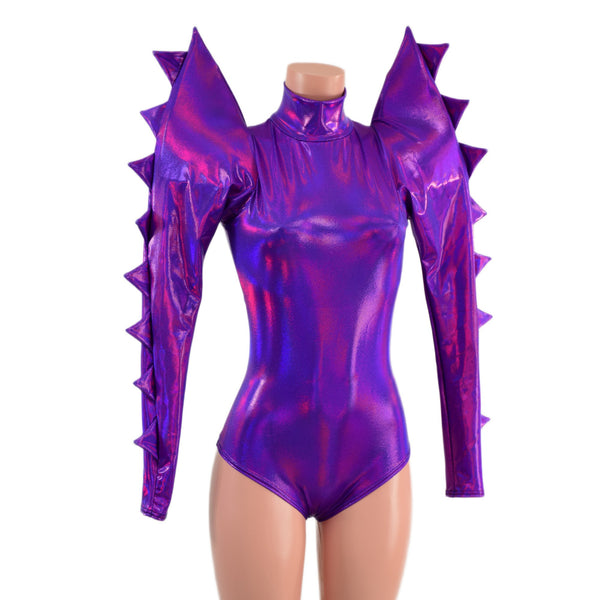 Spiked Mega Sharp Shoulder Romper in Grape Holographic - 7