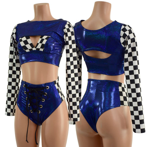 3PC Blue Sparkly Jewel Grid Girl Shorts Set Coquetry Clothing 