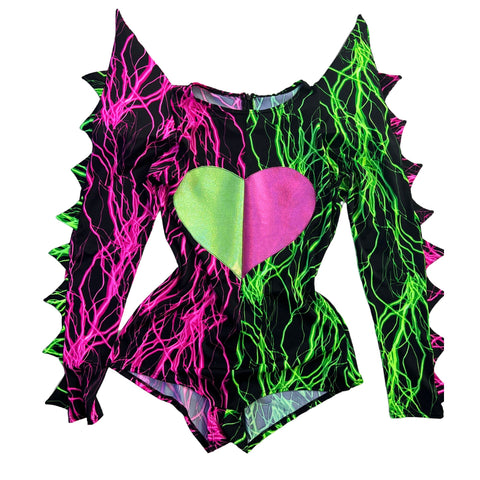 Neon UV Glow Color Split Broken Heart Romper with Spiked Mega Sharp Shoulders - Coquetry Clothing