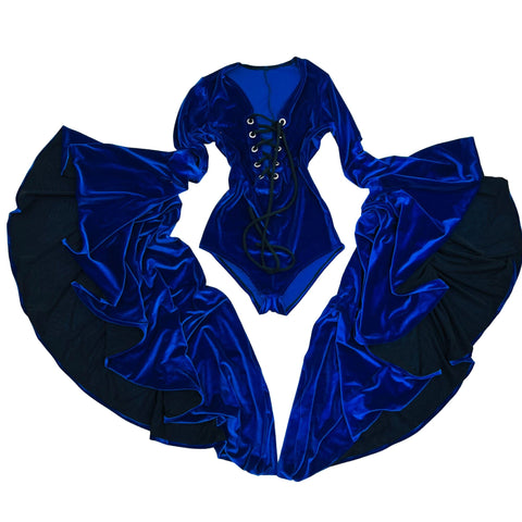 Sapphire Blue Sorceress Sleeve Romper with Lace Up Neckline - Coquetry Clothing