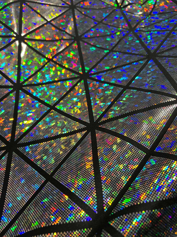 Silver on Black Cracked Tiles Fabric - 1