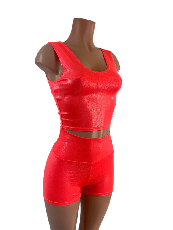 Blazing Coral NEON UV Glow High Waist Shorts OR Top READY to SHIP - 1