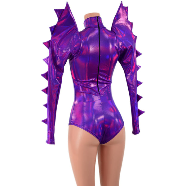 Spiked Mega Sharp Shoulder Romper in Grape Holographic - 3