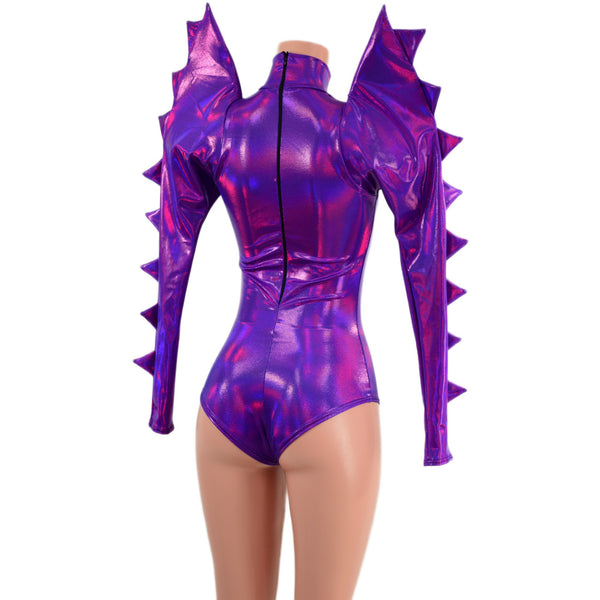 Spiked Mega Sharp Shoulder Romper in Grape Holographic - 2