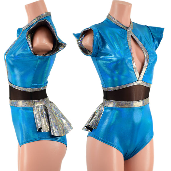 Peacock and Silver Keyhole Romper with Mesh Waistband and Ruffle Rump - 1