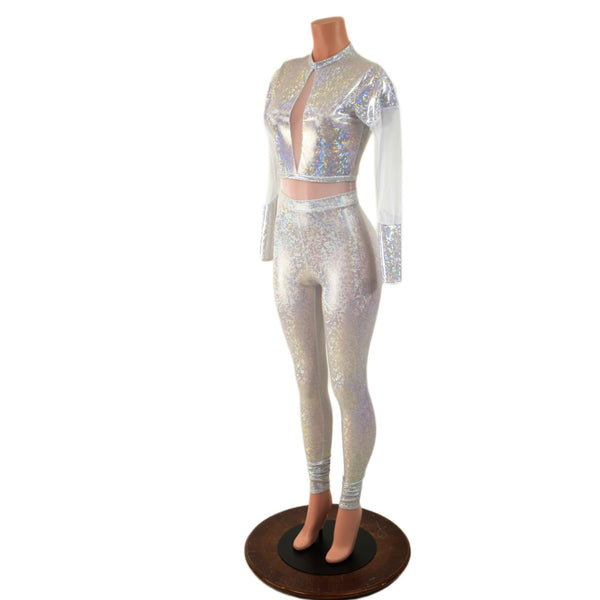 White Kaleidoscope Catsuit with White Mesh Waistband, Keyhole, and Sleeve Details - 4