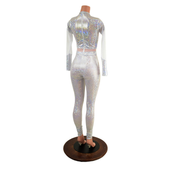 White Kaleidoscope Catsuit with White Mesh Waistband, Keyhole, and Sleeve Details - 3