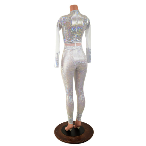 White Kaleidoscope Catsuit with White Mesh Waistband, Keyhole, and Sleeve Details - 2